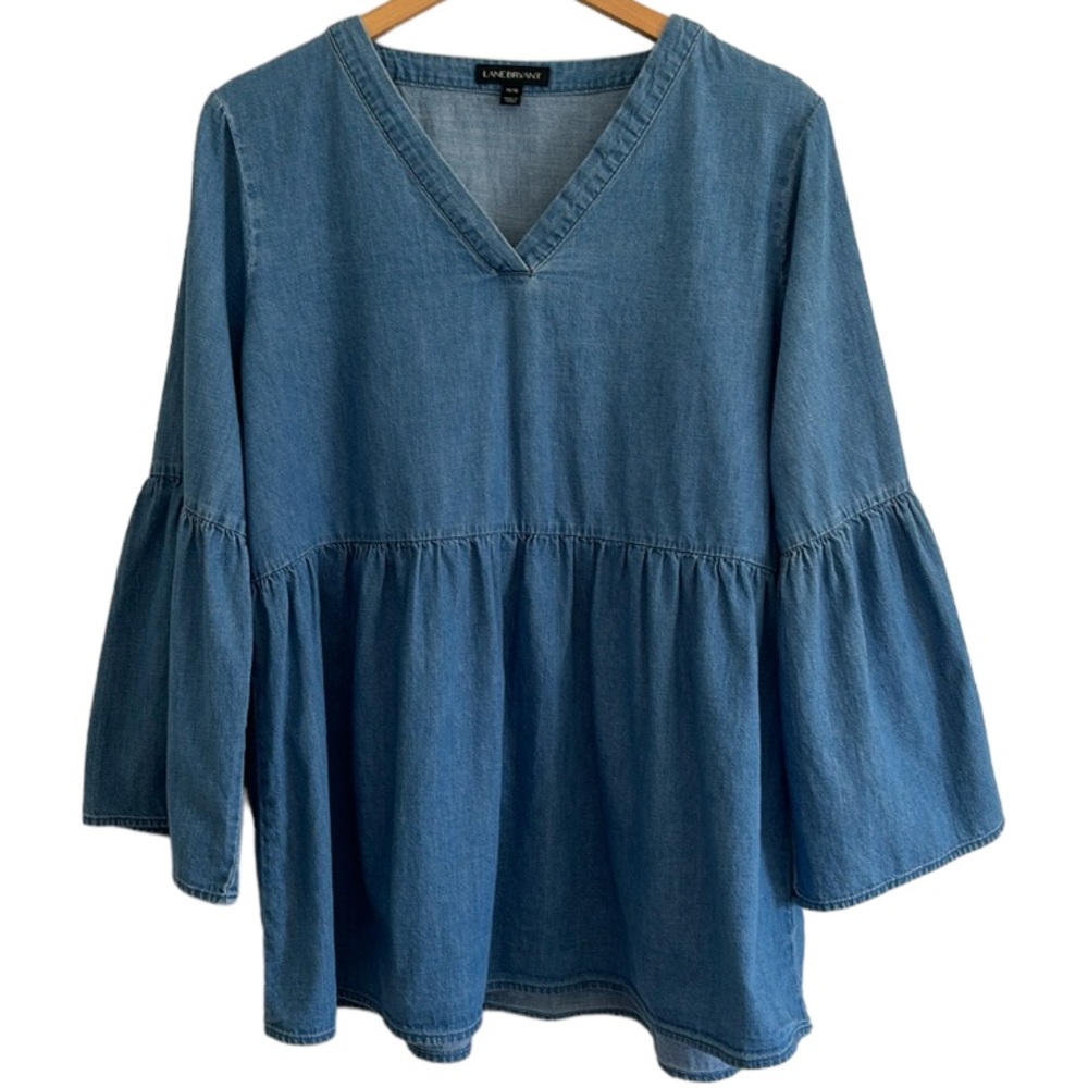 Lane Bryant Cotton Blue Chambray Peplum Bell Sleeves Peasant Top Plus Size 14 16 - Picture 3 of 9